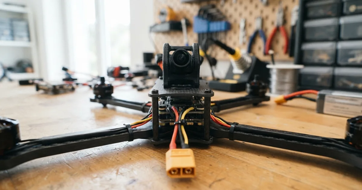 Eine FPV Drohne cine schwebt präzise über einer malerischen Landschaft für filmische Aufnahmen