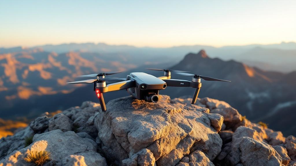 FPV Long Range Drohne auf einem felsigen Berggipfel, bereit zum Start, mit einer weiten Landschaft im Hintergrund