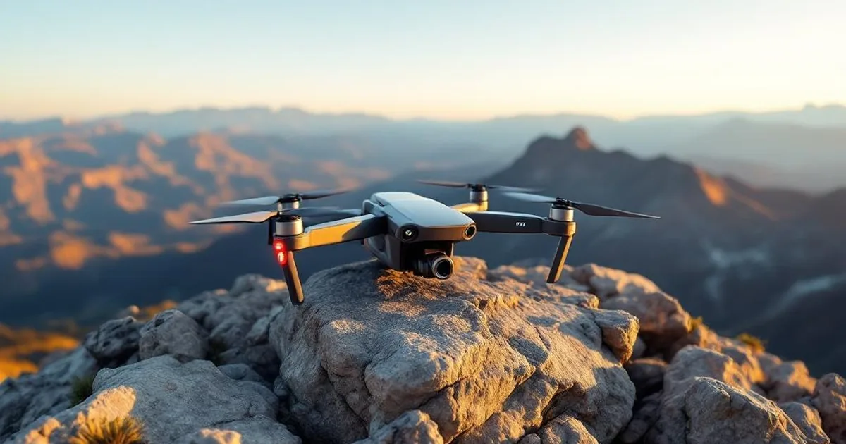 FPV Long Range Drohne auf einem felsigen Berggipfel, bereit zum Start, mit einer weiten Landschaft im Hintergrund