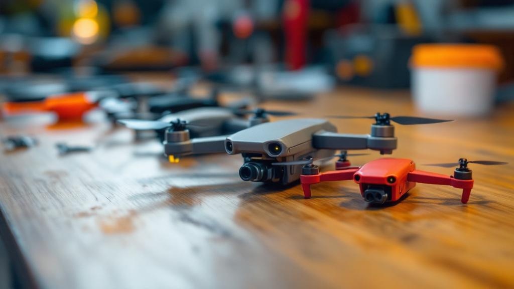 Auswahl von Tiny Whoop Drohnen auf einer Werkbank