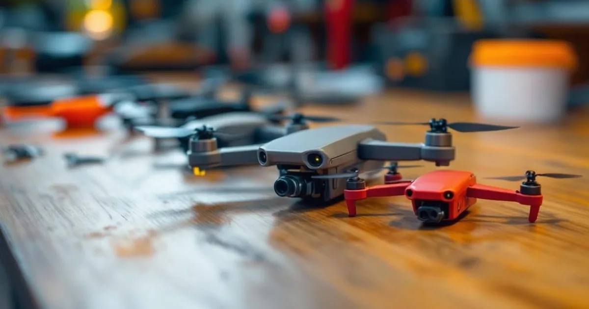 Auswahl von Tiny Whoop Drohnen auf einer Werkbank