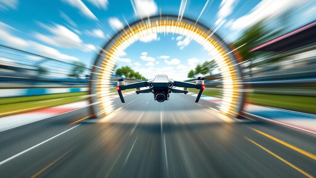 FPV Racing Drohne fliegt durch einen Ring