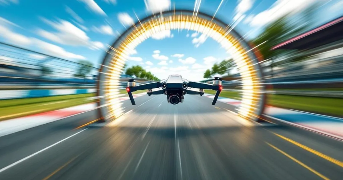 FPV Racing Drohne fliegt durch einen Ring